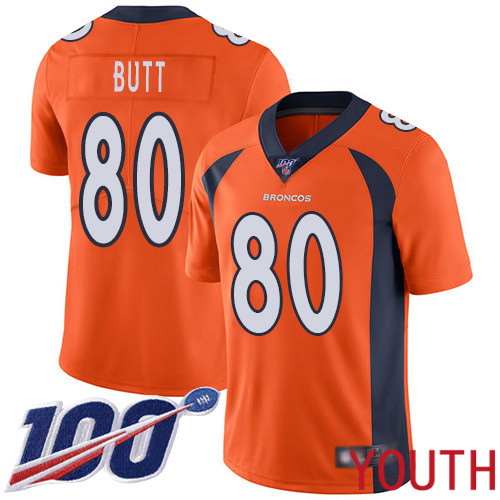 Youth Denver Broncos 80 Jake Butt Orange Team Color Vapor Untouchable Limited Player 100th Season Football NFL Jersey